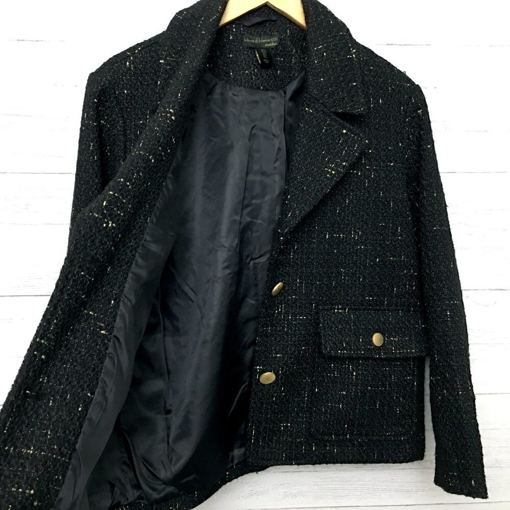 House of Harlow 1960 Women's Coat Black and Gold Metallic Thread Button Front S - Picture 3 of 11